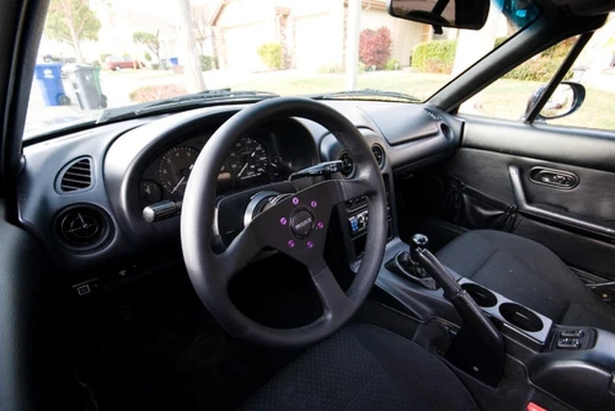 14Inch Momo Montecarlo Leather Steering Wheel Black Stitching Black Horn Button