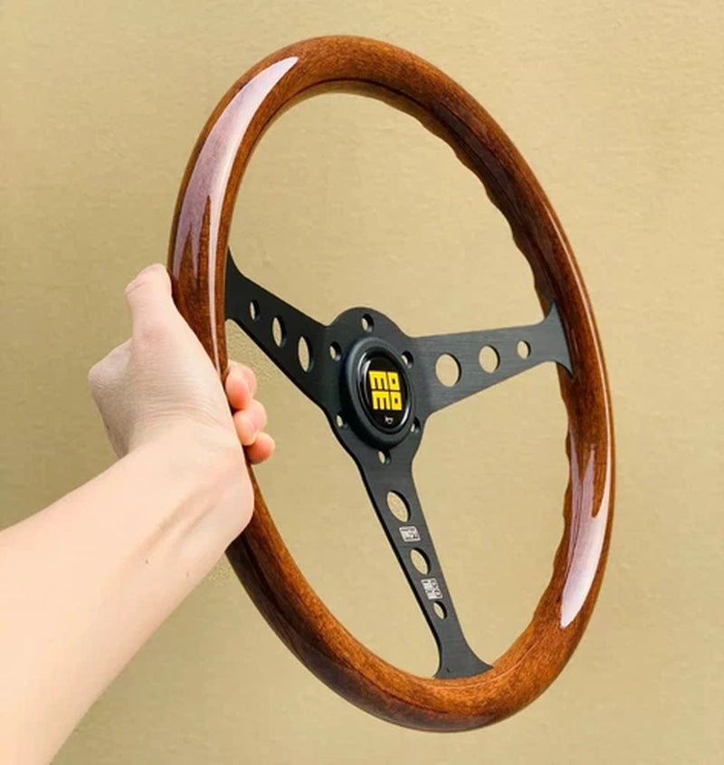 350Mm MOMO Heritage Indy Black Spoke Woodgrain Mahogany Wood Steering Wheel