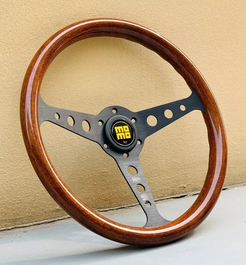 350Mm MOMO Heritage Indy Black Spoke Woodgrain Mahogany Wood Steering Wheel