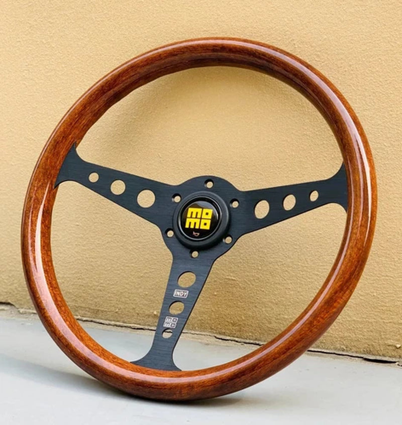 350Mm MOMO Heritage Indy Black Spoke Woodgrain Mahogany Wood Steering Wheel