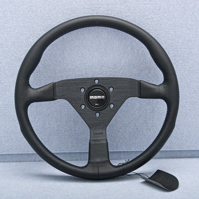 14Inch Momo Montecarlo Leather Steering Wheel Black Stitching Black Horn Button