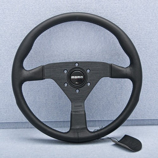 14Inch Momo Montecarlo Leather Steering Wheel Black Stitching Black Horn Button
