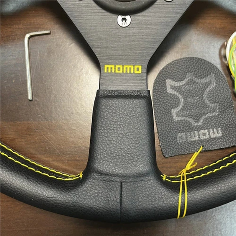 14Inch Momo Montecarlo Leather Steering Wheel Yellow Horn Button Stitching