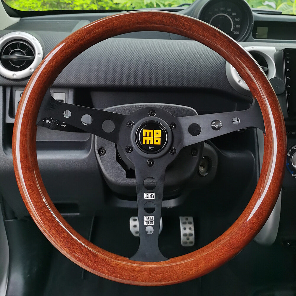 350Mm MOMO Heritage Indy Black Spoke Woodgrain Mahogany Wood Steering Wheel