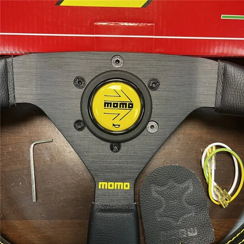 14Inch Momo Montecarlo Leather Steering Wheel Yellow Horn Button Stitching