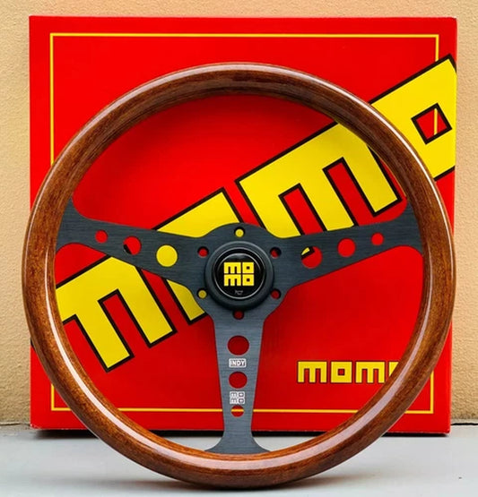 350Mm MOMO Heritage Indy Black Spoke Woodgrain Mahogany Wood Steering Wheel
