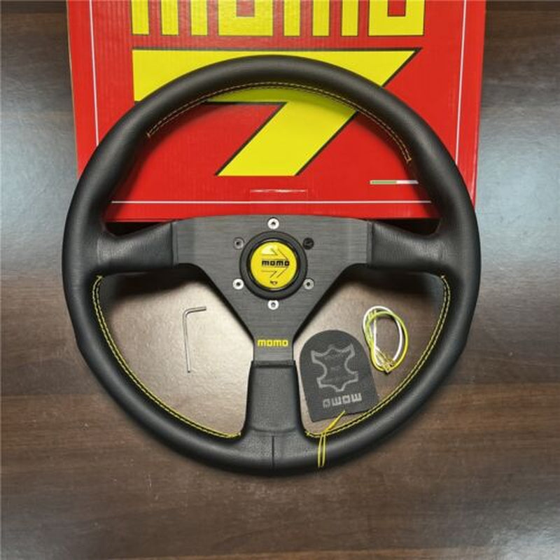 14Inch Momo Montecarlo Leather Steering Wheel Yellow Horn Button Stitching