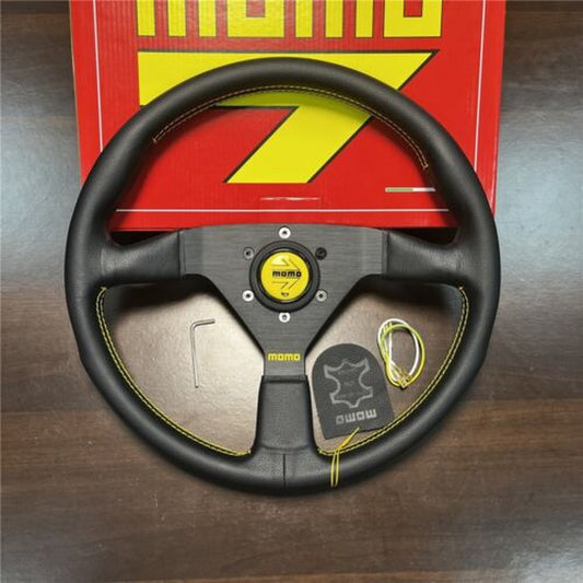 14Inch Momo Montecarlo Leather Steering Wheel Yellow Horn Button Stitching
