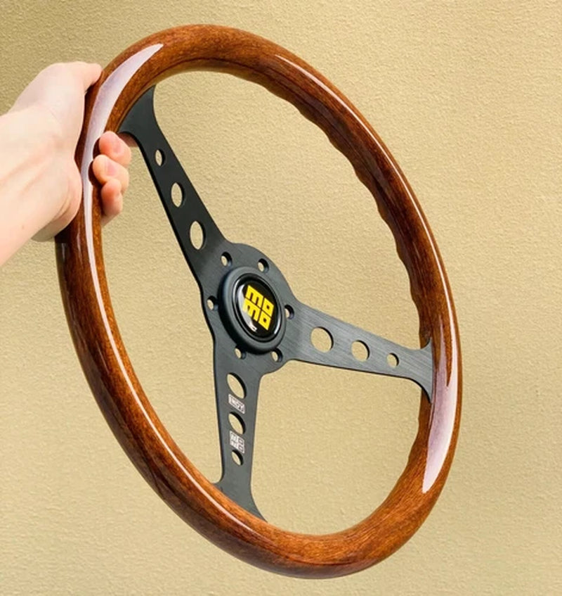 350Mm MOMO Heritage Indy Black Spoke Woodgrain Mahogany Wood Steering Wheel