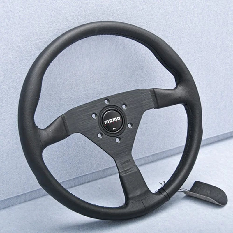 14Inch Momo Montecarlo Leather Steering Wheel Black Stitching Black Horn Button