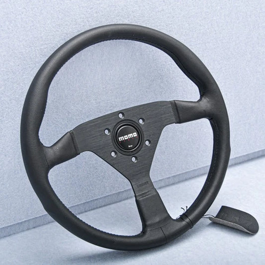 14Inch Momo Montecarlo Leather Steering Wheel Black Stitching Black Horn Button