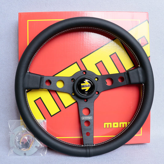 350Mm MOMO P1 Prototipo Black Spoke Leather Flat Sport Steering Wheel