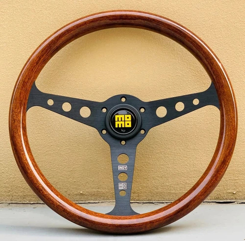 350Mm MOMO Heritage Indy Black Spoke Woodgrain Mahogany Wood Steering Wheel