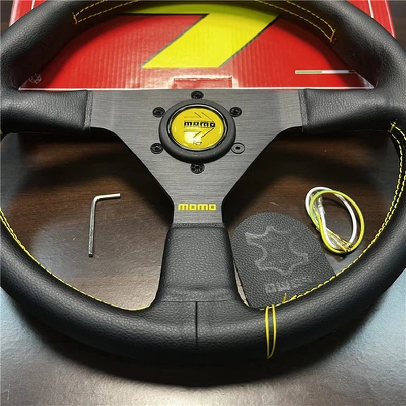 14Inch Momo Montecarlo Leather Steering Wheel Yellow Horn Button Stitching