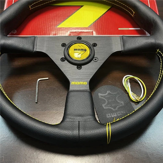 14Inch Momo Montecarlo Leather Steering Wheel Yellow Horn Button Stitching
