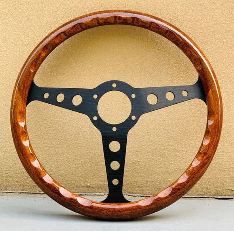 350Mm MOMO Heritage Indy Black Spoke Woodgrain Mahogany Wood Steering Wheel