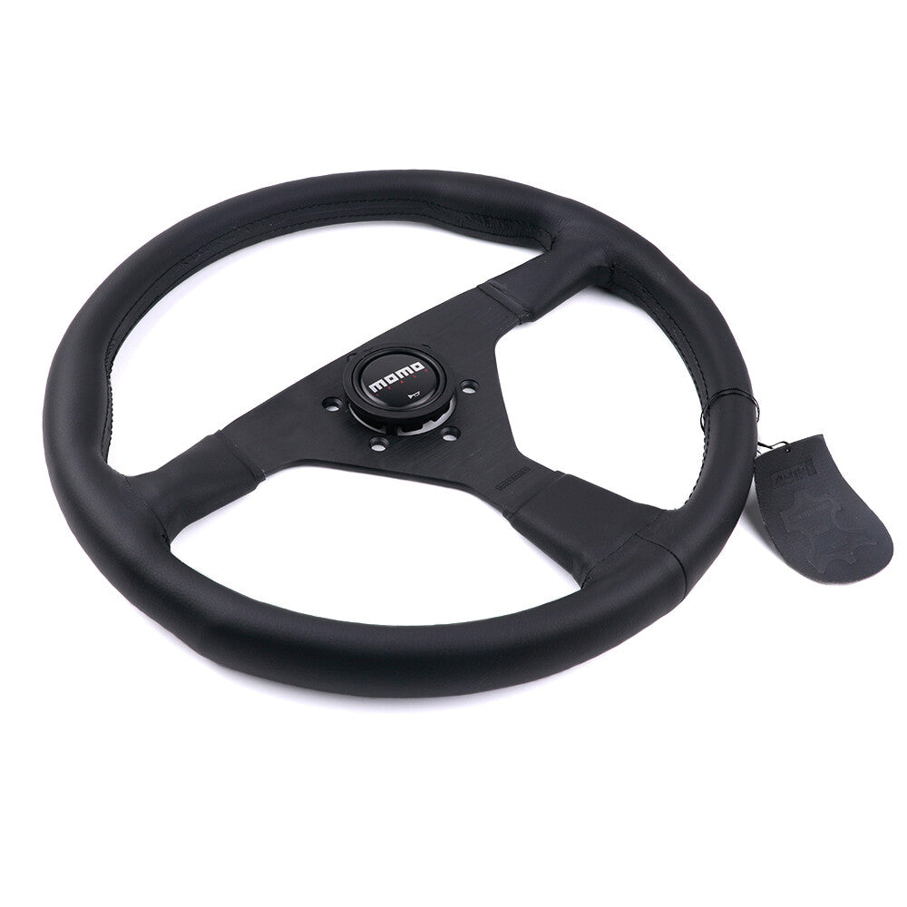 14Inch Momo Montecarlo Leather Steering Wheel Black Stitching Black Horn Button