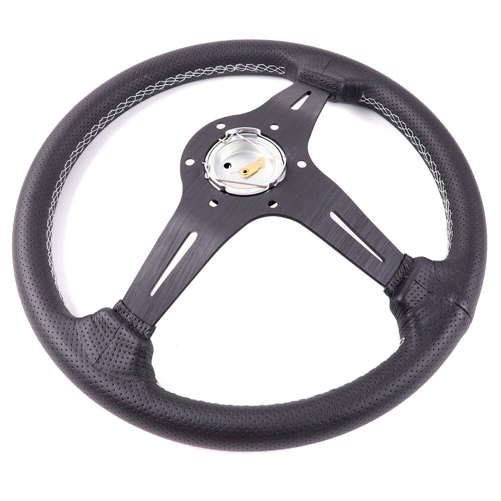 NARDI 350Mm Steering Wheel Aluminum Spoke Perforated Leather White Stitching