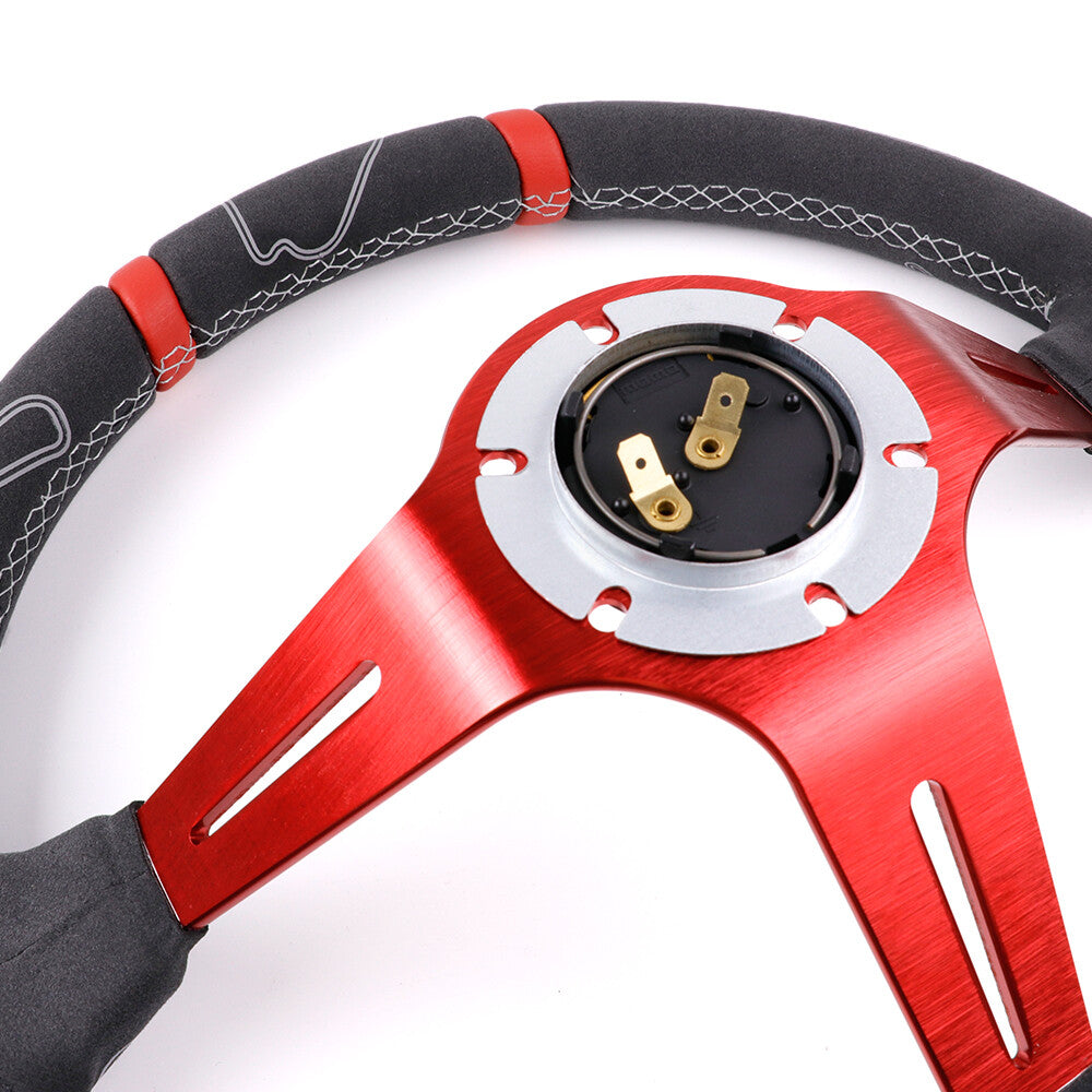 MOMO ULTRA Steering Wheel 350Mm Suede Leather Red Spoke Black Horn Buuton