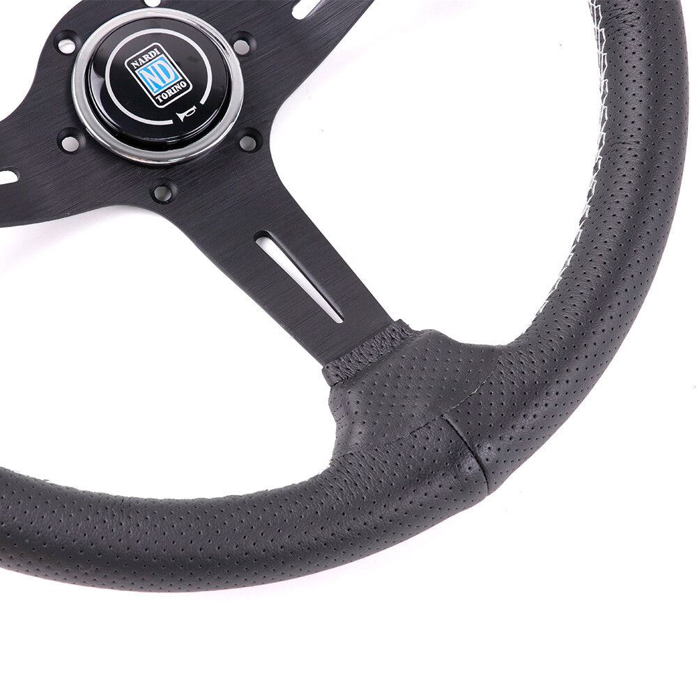 NARDI 350Mm Steering Wheel Aluminum Spoke Perforated Leather White Stitching