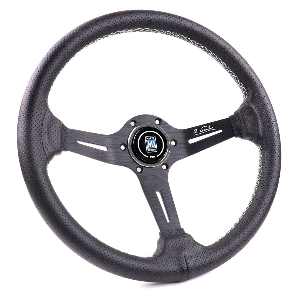 NARDI 350Mm Steering Wheel Aluminum Spoke Perforated Leather White Stitching
