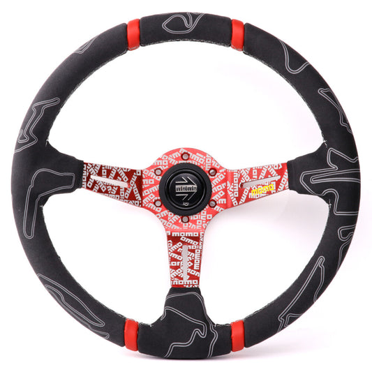 MOMO ULTRA Steering Wheel 350Mm Suede Leather Red Spoke Black Horn Buuton