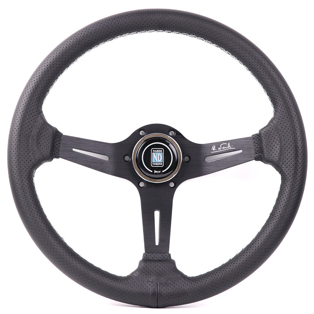 NARDI 350Mm Steering Wheel Aluminum Spoke Perforated Leather White Stitching