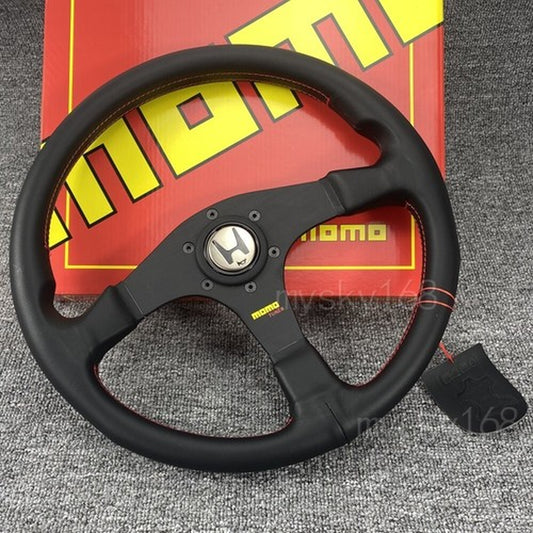 H Horn Button MOMO Tuner 350Mm Leather Flat Spoke Drift Steering Wheel