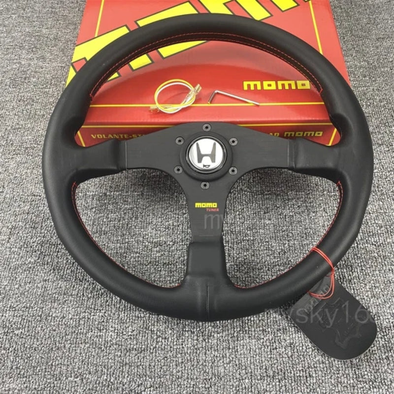 H Horn Button MOMO Tuner 350Mm Leather Flat Spoke Drift Steering Wheel