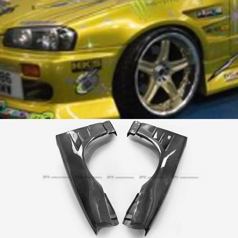 For Nissan Skyline R34 GTR BN Style Carbon Fiber/Glass Fiber Front Fenders - Widebody Replacement Pair 1999-2002