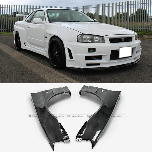 For Nissan Skyline R34 GTR BNR34 BV2 Style Vented Fenders - Carbon Fiber & FRP Options 1999-2002