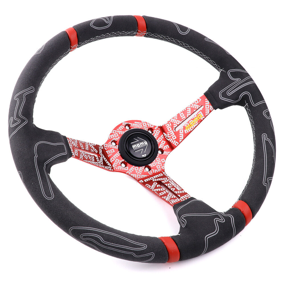 MOMO ULTRA Steering Wheel 350Mm Suede Leather Red Spoke Black Horn Buuton