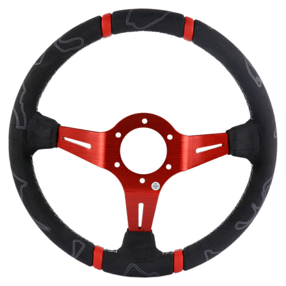 MOMO ULTRA Steering Wheel 350Mm Suede Leather Red Spoke Black Horn Buuton