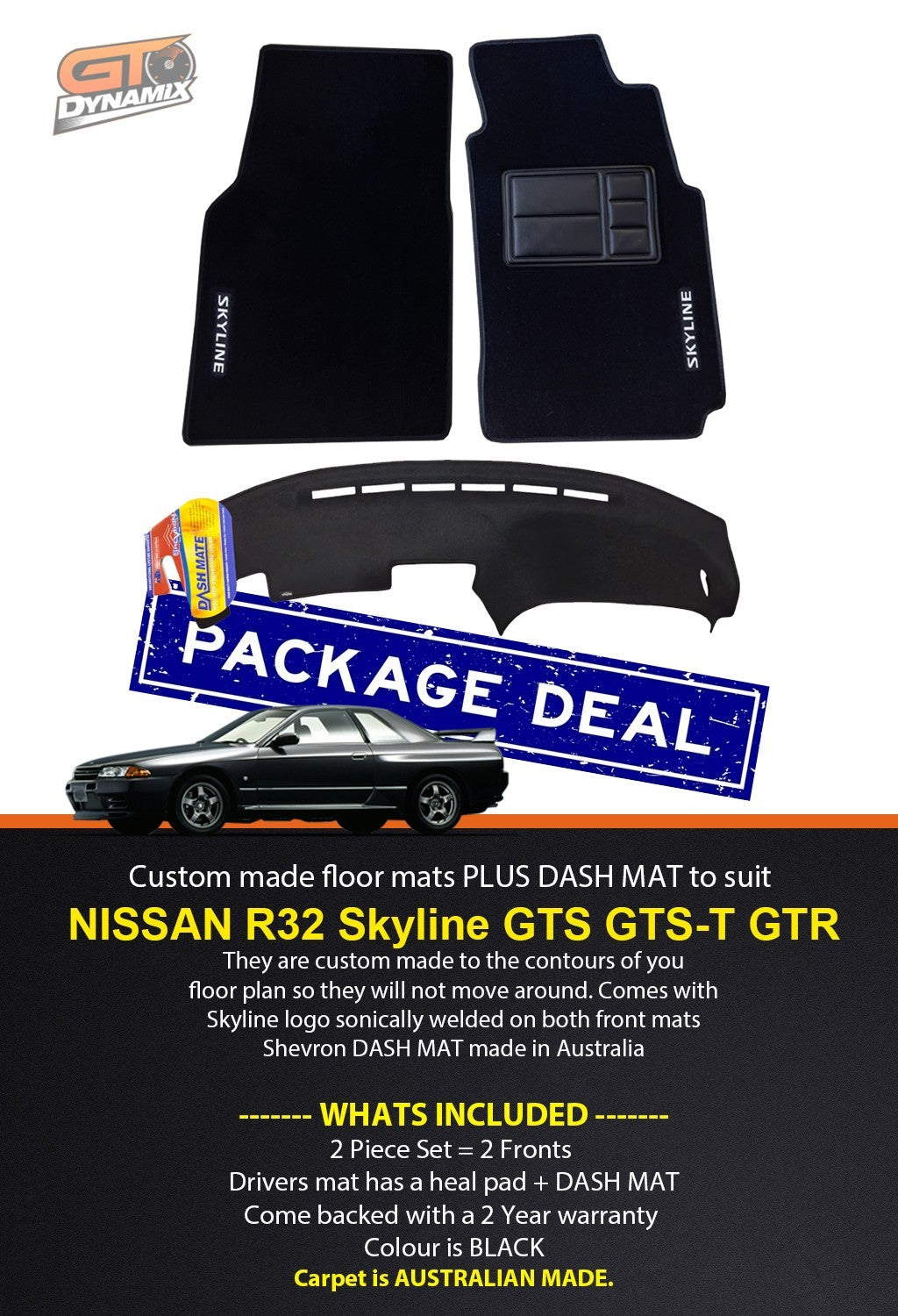 Front Custom Floor Mats + DASH MAT Nissan R32 Skyline GTS-T GTS GT-R 1989-93