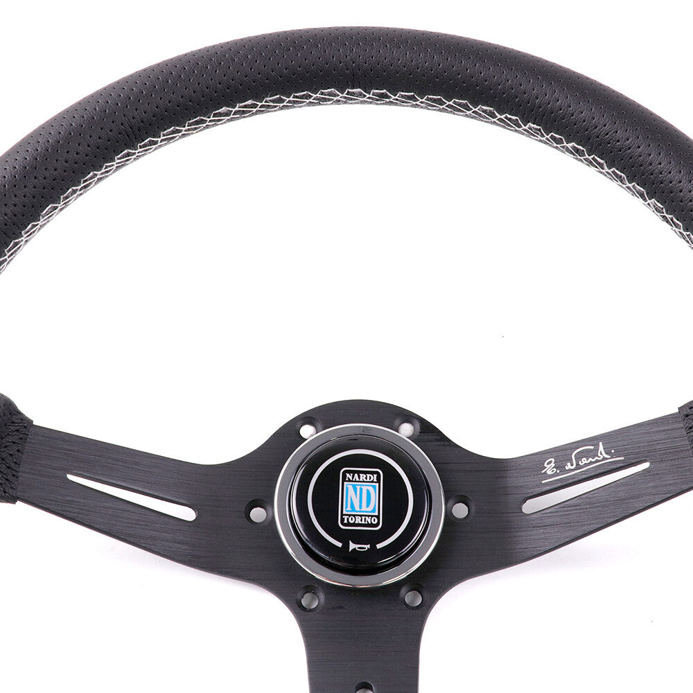 NARDI 350Mm Steering Wheel Aluminum Spoke Perforated Leather White Stitching